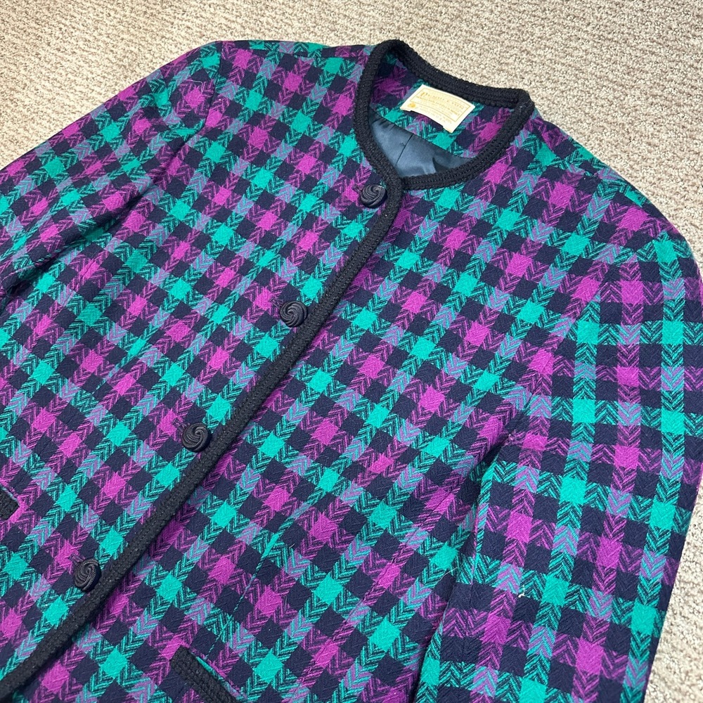Vintage Pendleton Wool Blazer Jacket Purple Teal Check Plaid Collarless USA 100% - Picture 2 of 8